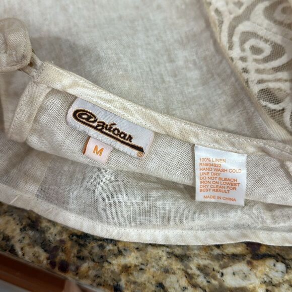 Azucar Beige Linen Lace Detailing Short Sleeve Top Blouse Size M - Picture 4 of 6